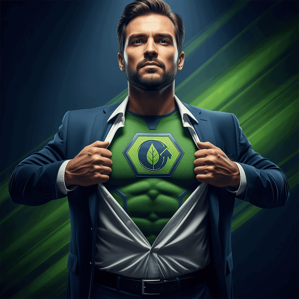 Sustainable energy superhero concept, environmentally friendly green initiative, eco-conscious superhero opening shirt revealing green energy symbol.