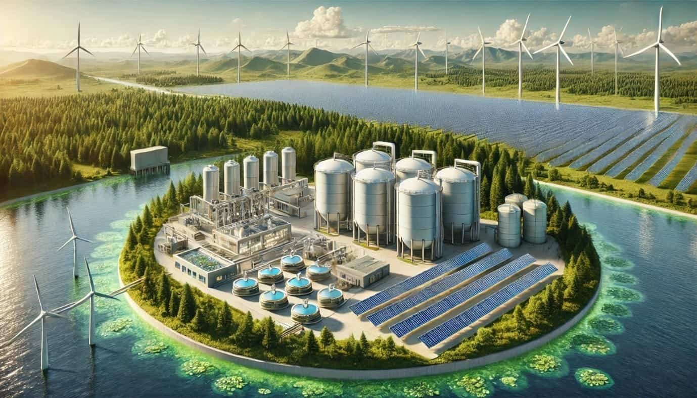 Renewable energy farm with wind turbines, solar panels, water storage, and eco-friendly infrastructure.