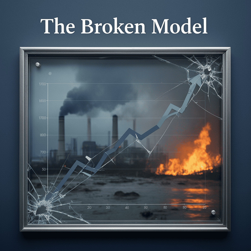 Environmental crisis with broken glass and rising pollution graph.