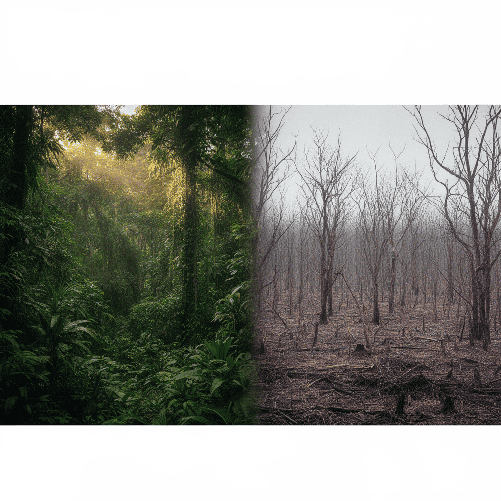 Earth Living Biomass Envisionation Lush rainforest on the left, barren deforested land on the right, illustrating environmental impact.