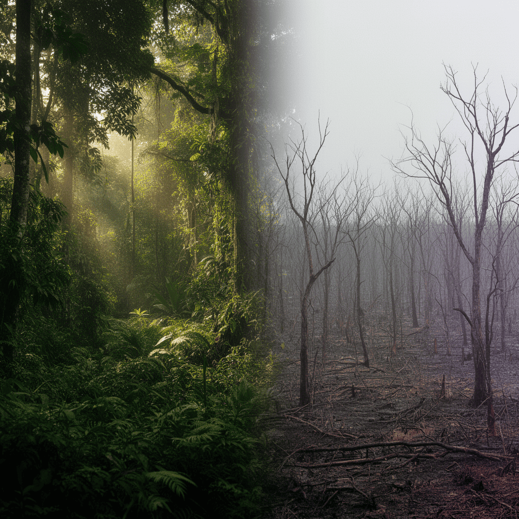Lush green rainforest transitioning to a barren, deforested landscape with dead trees and dry soil.