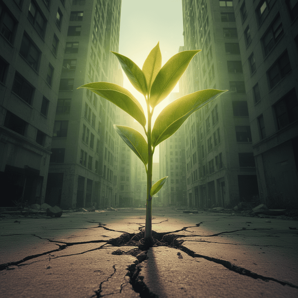 Young green plant growing in a cracked urban street between tall buildings.