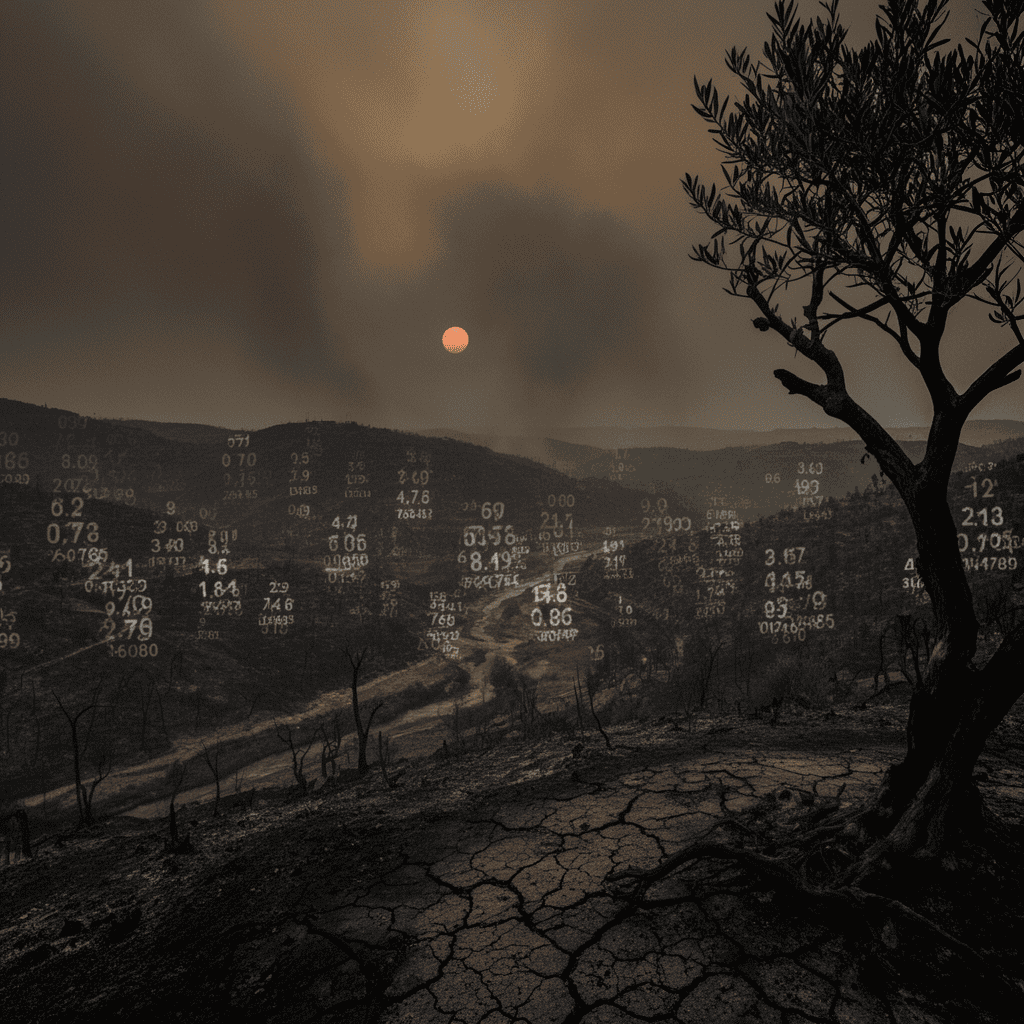 Europes Heathwave Crisis Envisionation Burnt landscape with a lone tree and smoky sky at sunset.