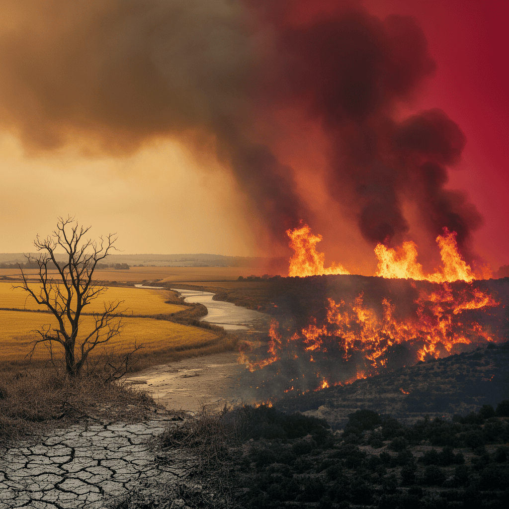 Heathwave Crisis Envisionation Wildfire burning across a landscape with smoke and flames in the distance.