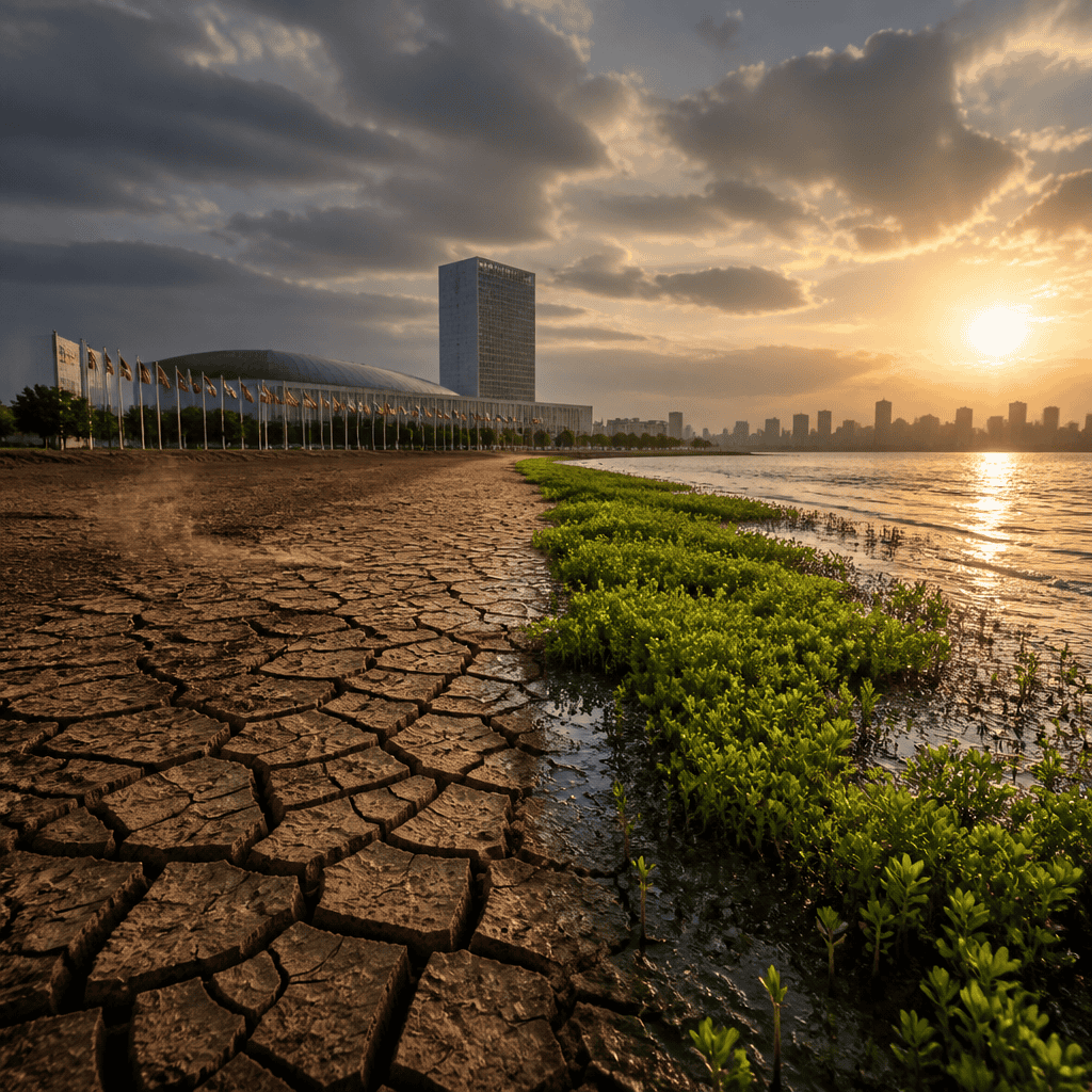 Urban landscape with drought-affected ground and rising water levels at sunset.