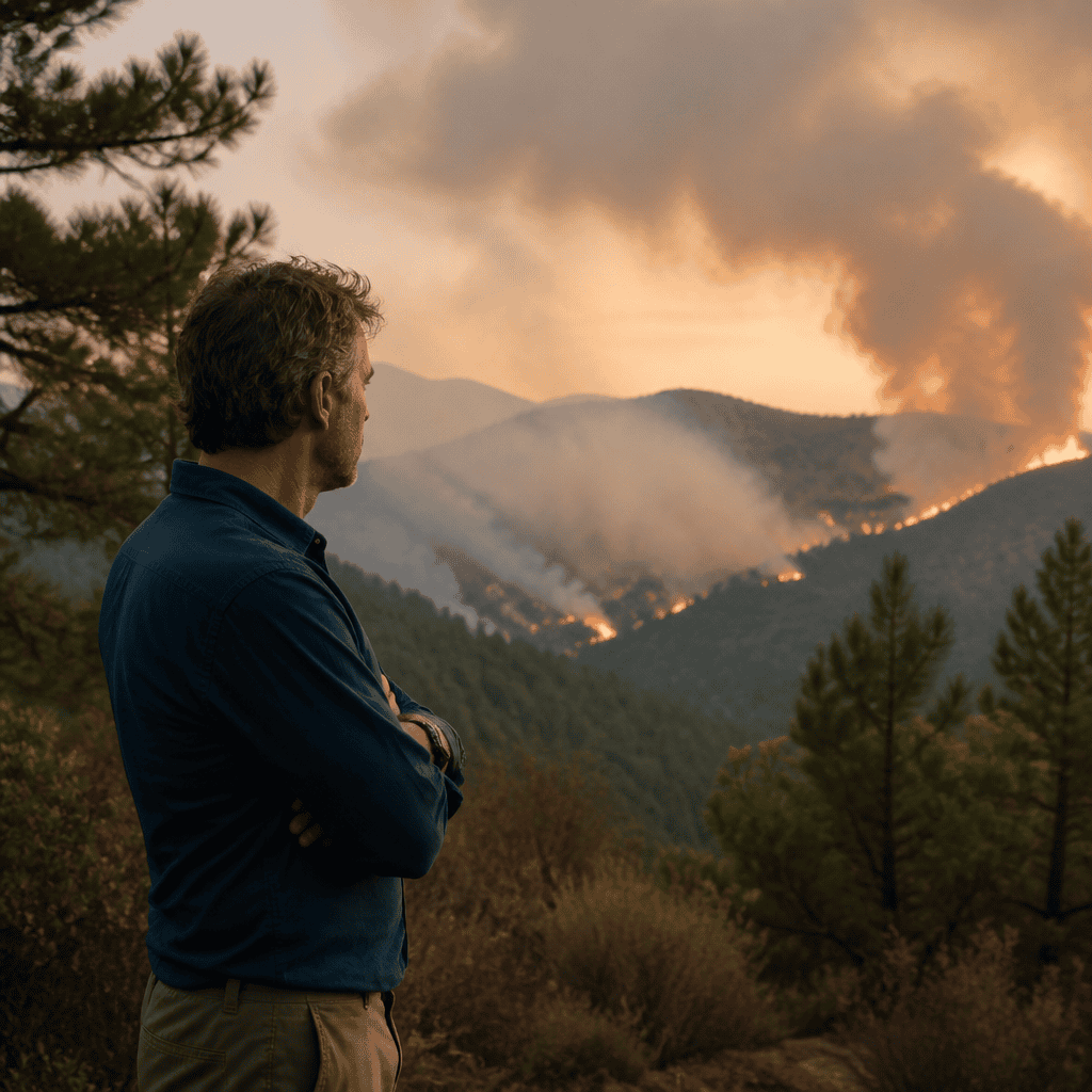 Man observing forest fire on mountain with smoke and flames in the background.