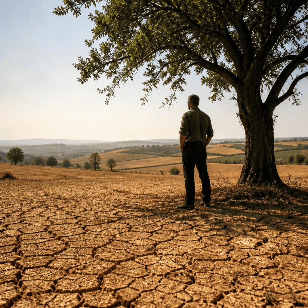 Climate Change and Drought Impact Man standing under a large tree in a drought-affected landscape.