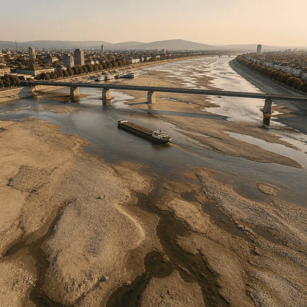 Low water levels on the Danube River with a boat and cityscape in the background.