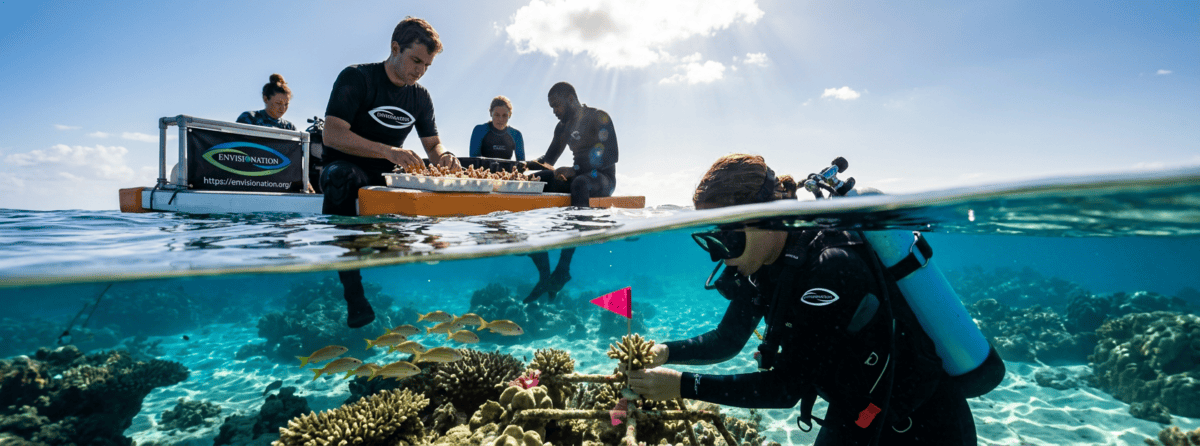 Diver and researchers studying coral reefs in the ocean.
