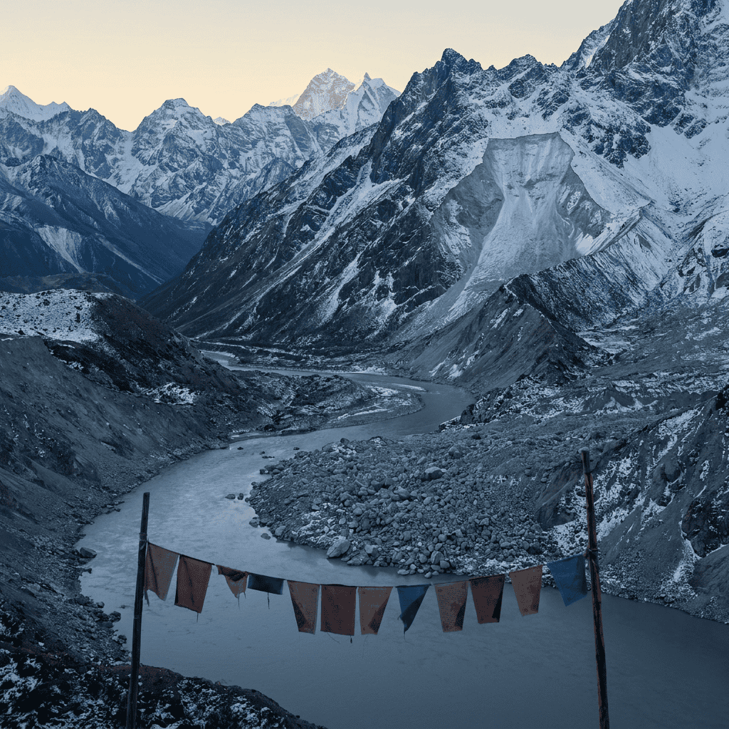 Snow-capped Himalayan mountains with a river and prayer flags in the foreground.